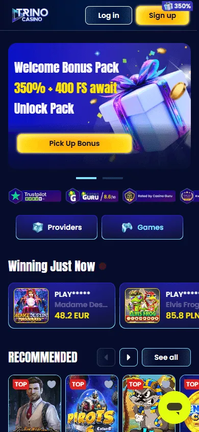 Trino Casino mobile browser home screen