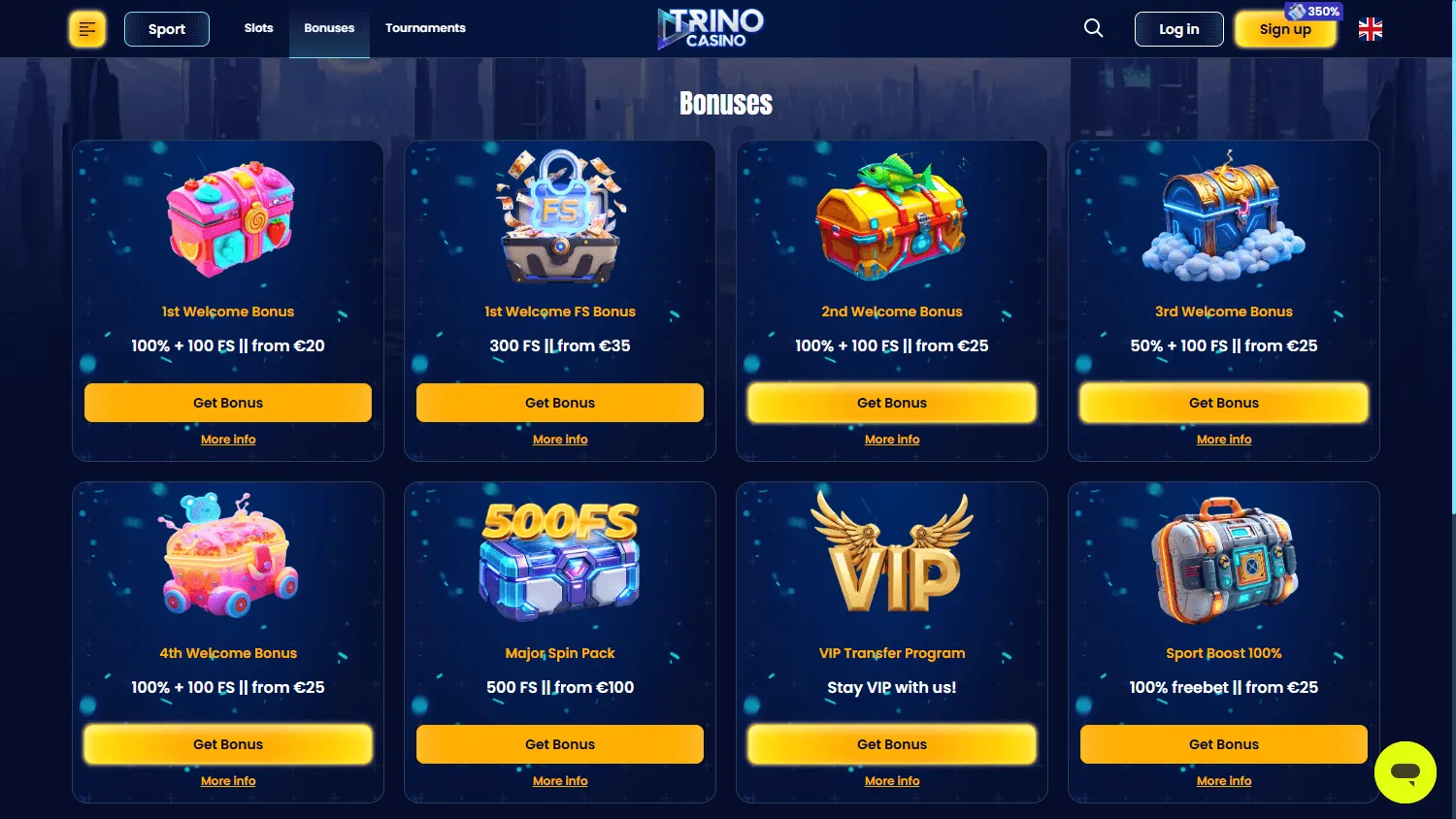 Trino Casino desktop promotions area with welcome and tournament offers