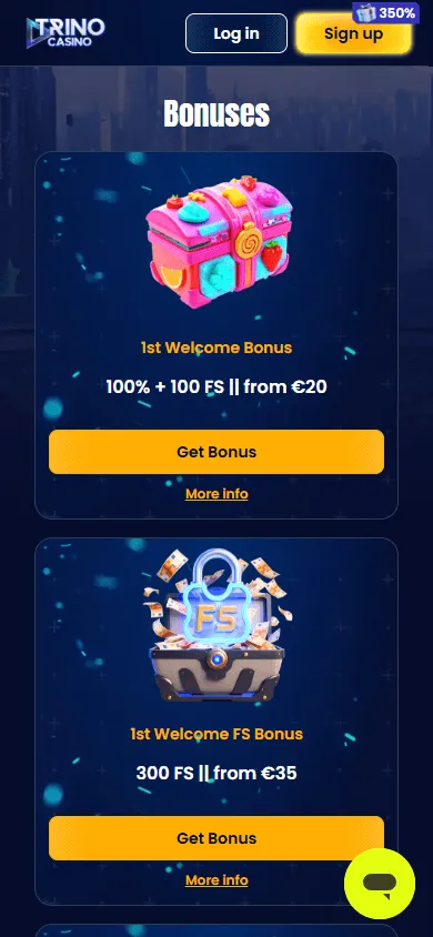 Trino Casino mobile browser promotions area