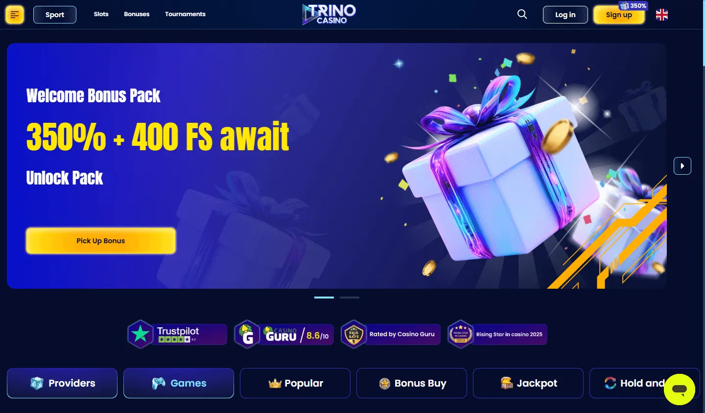 Trino Casino desktop home screen with casino features and welcome offer