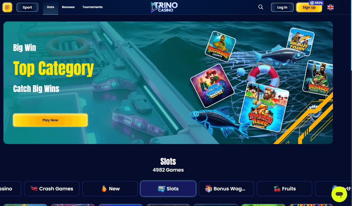 Trino Casino desktop games area with casino categories